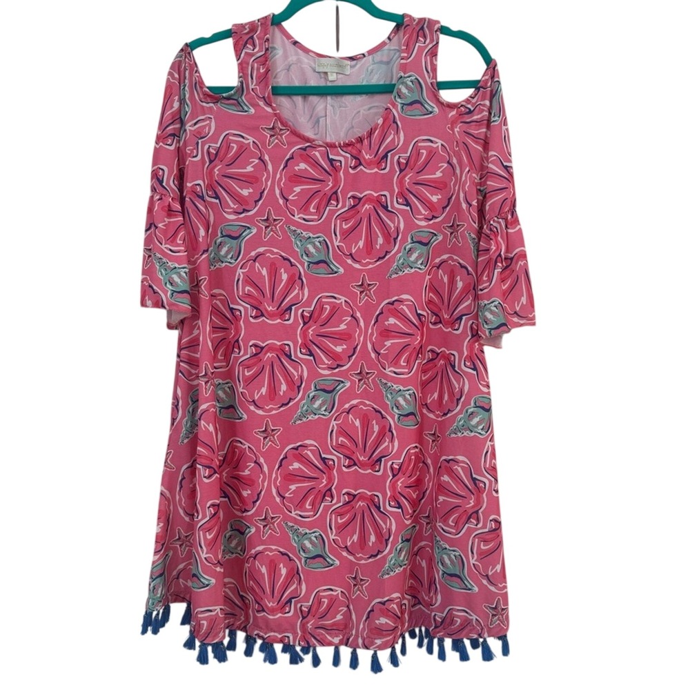 Simply Southern Dress Size S Pink Seashell Cold Shoulder Blue Fringe Hem Trim‎